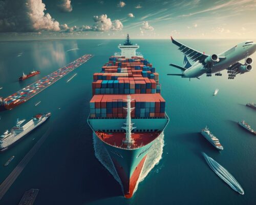 aerial-view-top-view-cargo-plane-flying-ship-port-export-import-logistics-international-goods-ai-generation