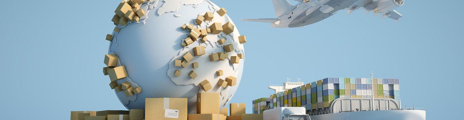 earth-surrounded-by-cardboard-boxes-cargo-container-ship-flying-plan-car-van-truck