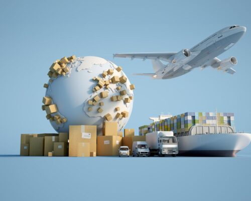 earth-surrounded-by-cardboard-boxes-cargo-container-ship-flying-plan-car-van-truck
